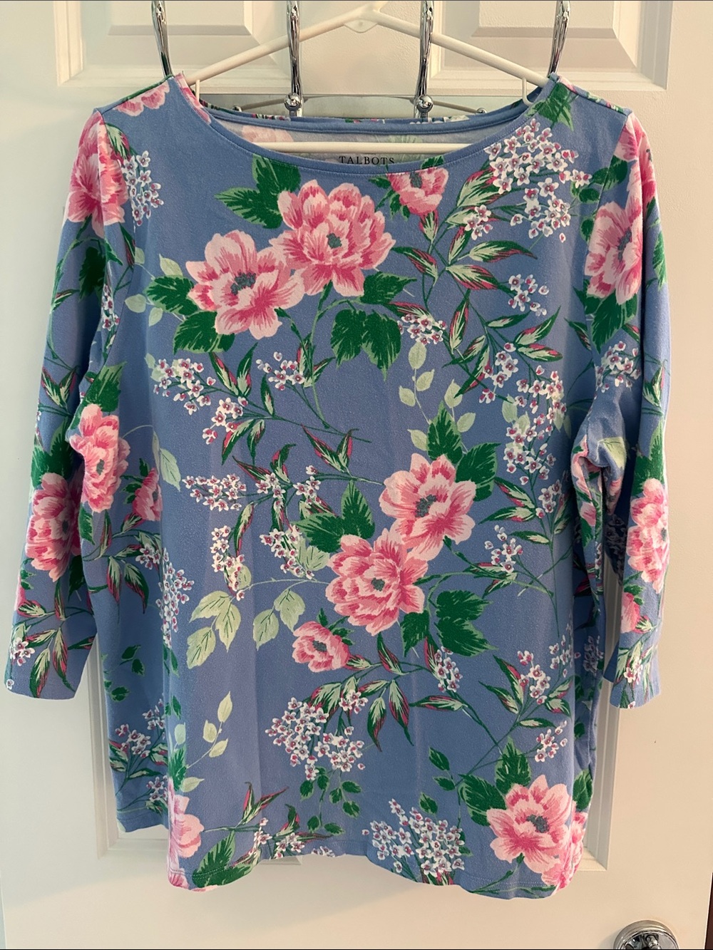 Talbots Lavender-Blue Floral Boatneck Top with Pink Blooms